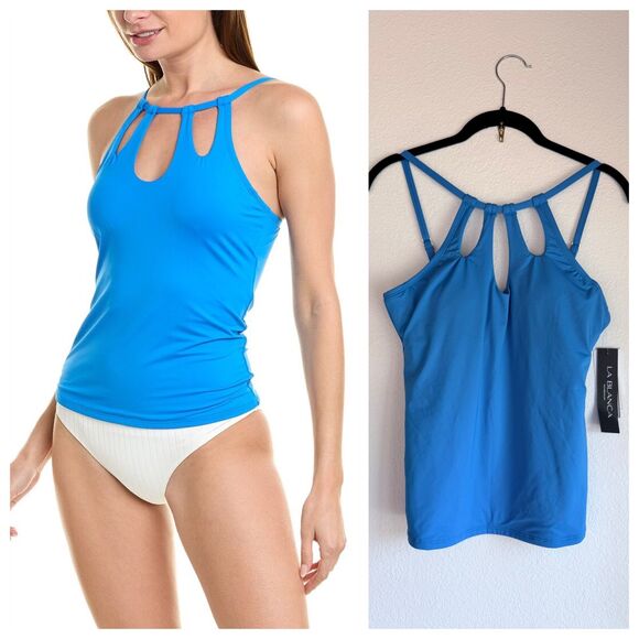 NWT La Blanca Island Goddess Keyhole High Neck Tankini Swim Top in Bluebell Sz 6 - Picture 1 of 12
